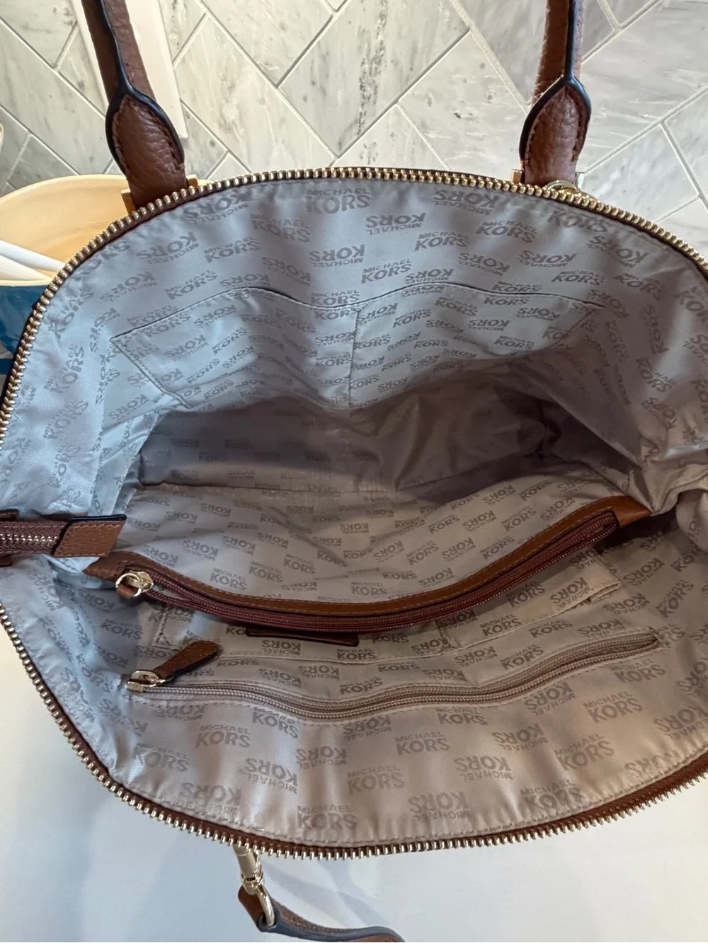 Michael Kors Brown Pebbled Leather Satchel with Gold Hardware